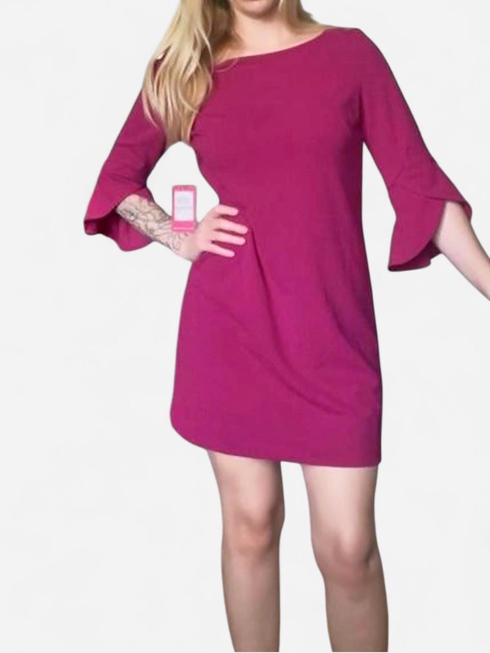 NWT Vince Camuto Magenta Tiered Flounce Bell Sleeve Shift Dress 6